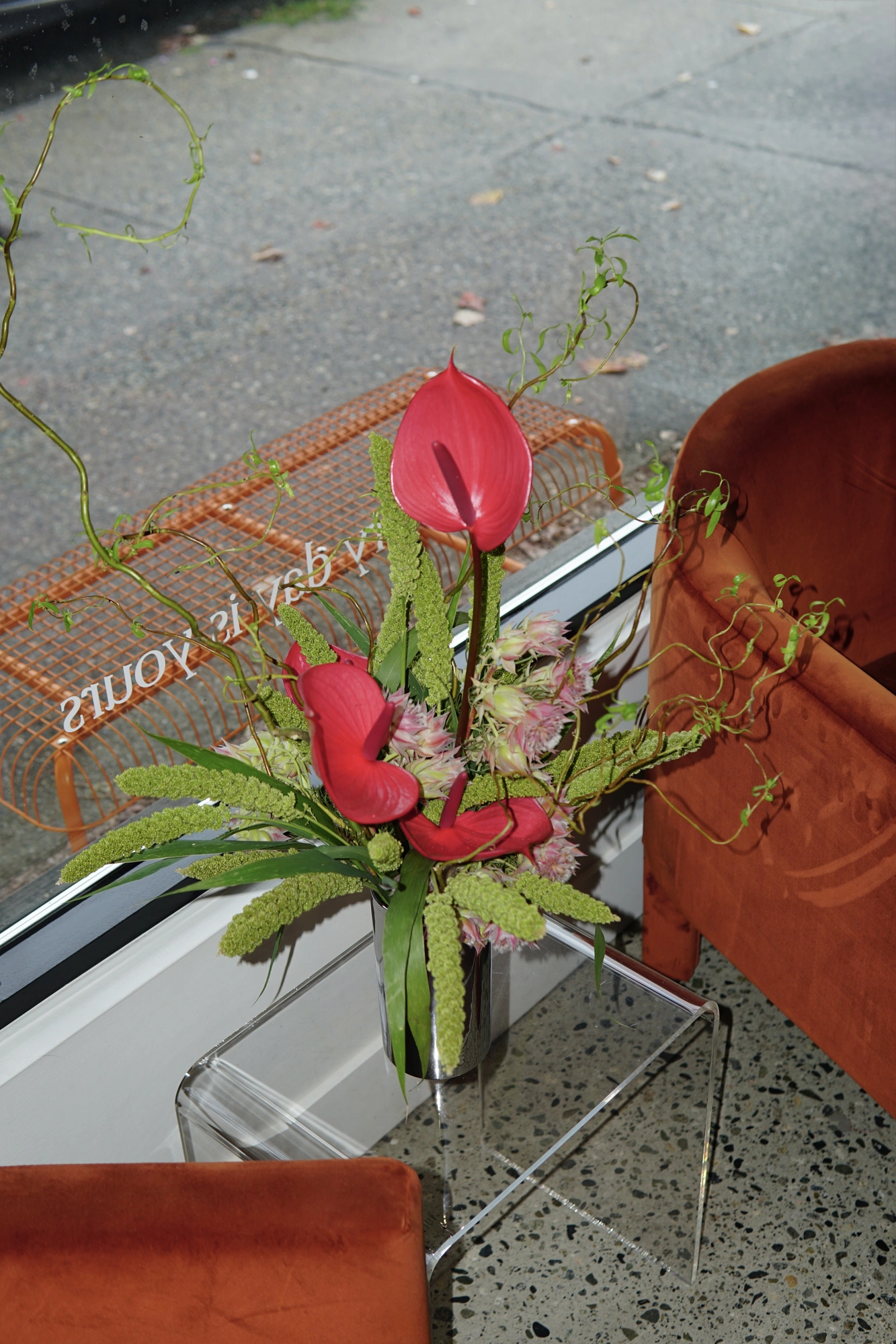 Red anthurium arrangement at Happy Birthday Salon